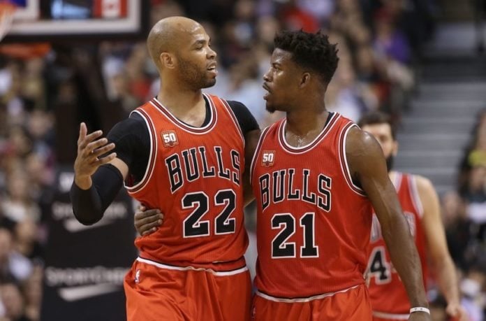 NBA: Chicago Bulls at Toronto Raptors taj gibson jimmy butler lying allstar bulls